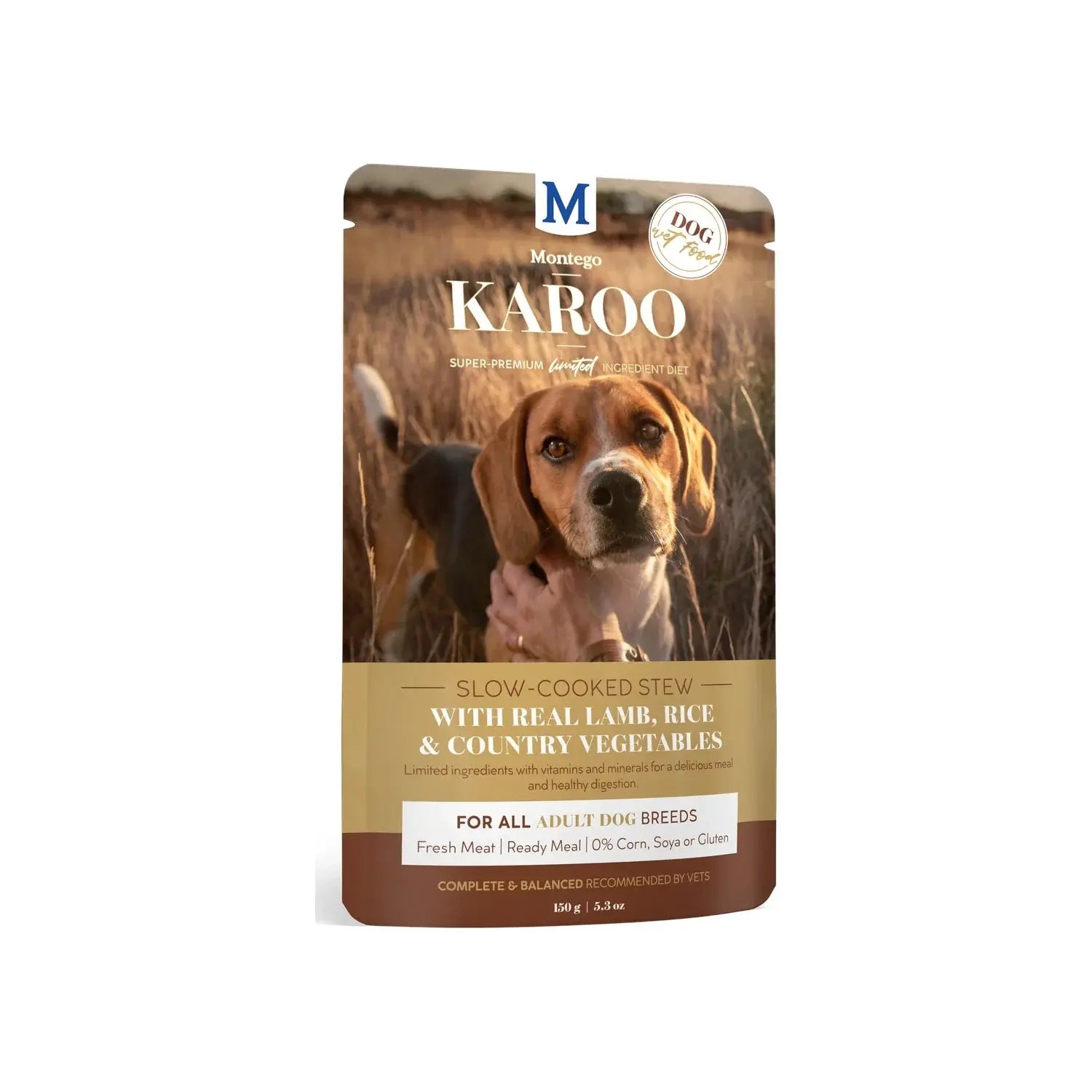 Montego Karoo Adult Lamb & Veg wet dog food 150g pouch with real lamb, rice and vegetables.