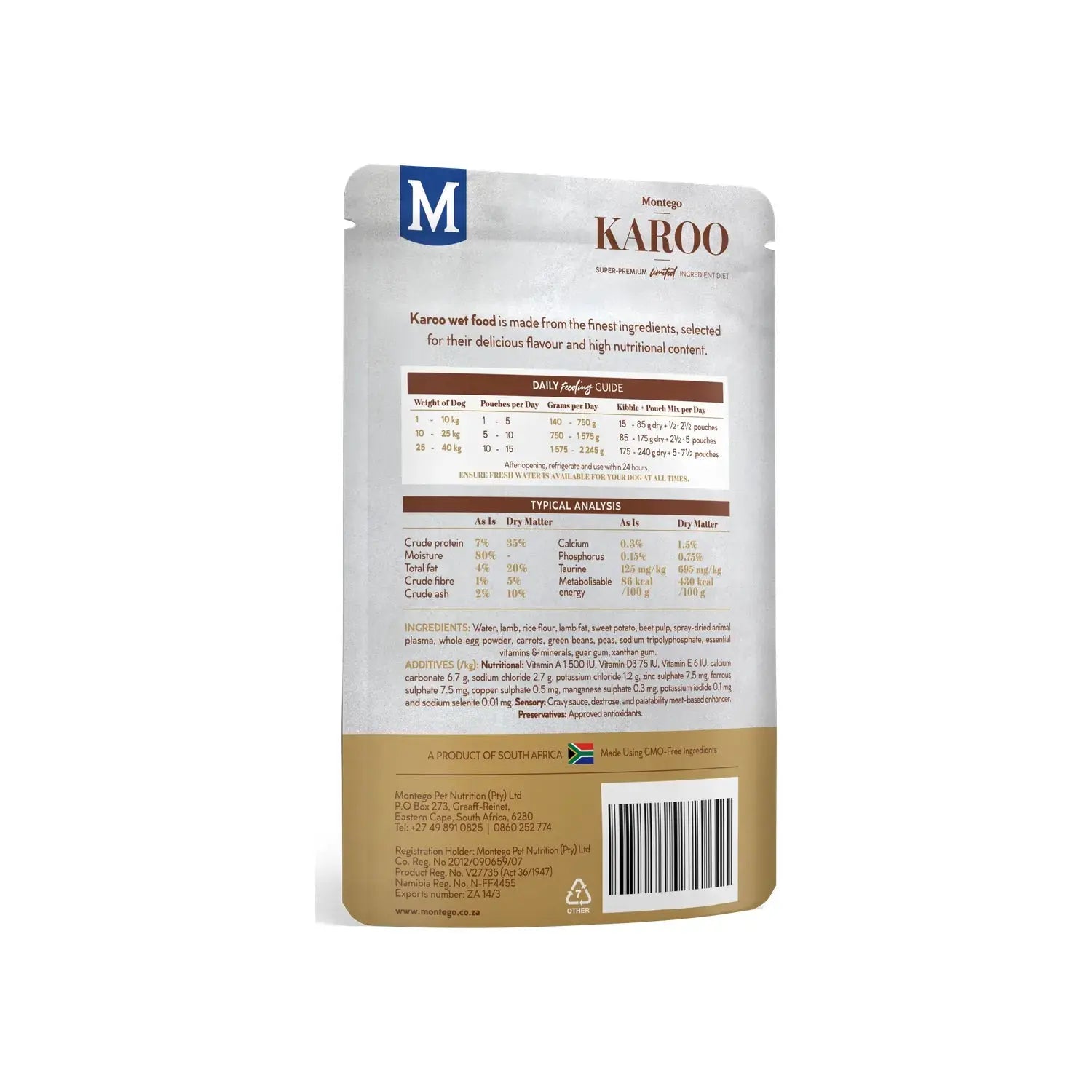 Montego Karoo Lamb & Veg wet dog food pouch, back of pack with feeding guide.
