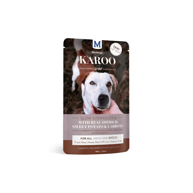 Karoo slow-cooked dog stew with ostrich, sweet potato, and carrots in a convenient pouch.