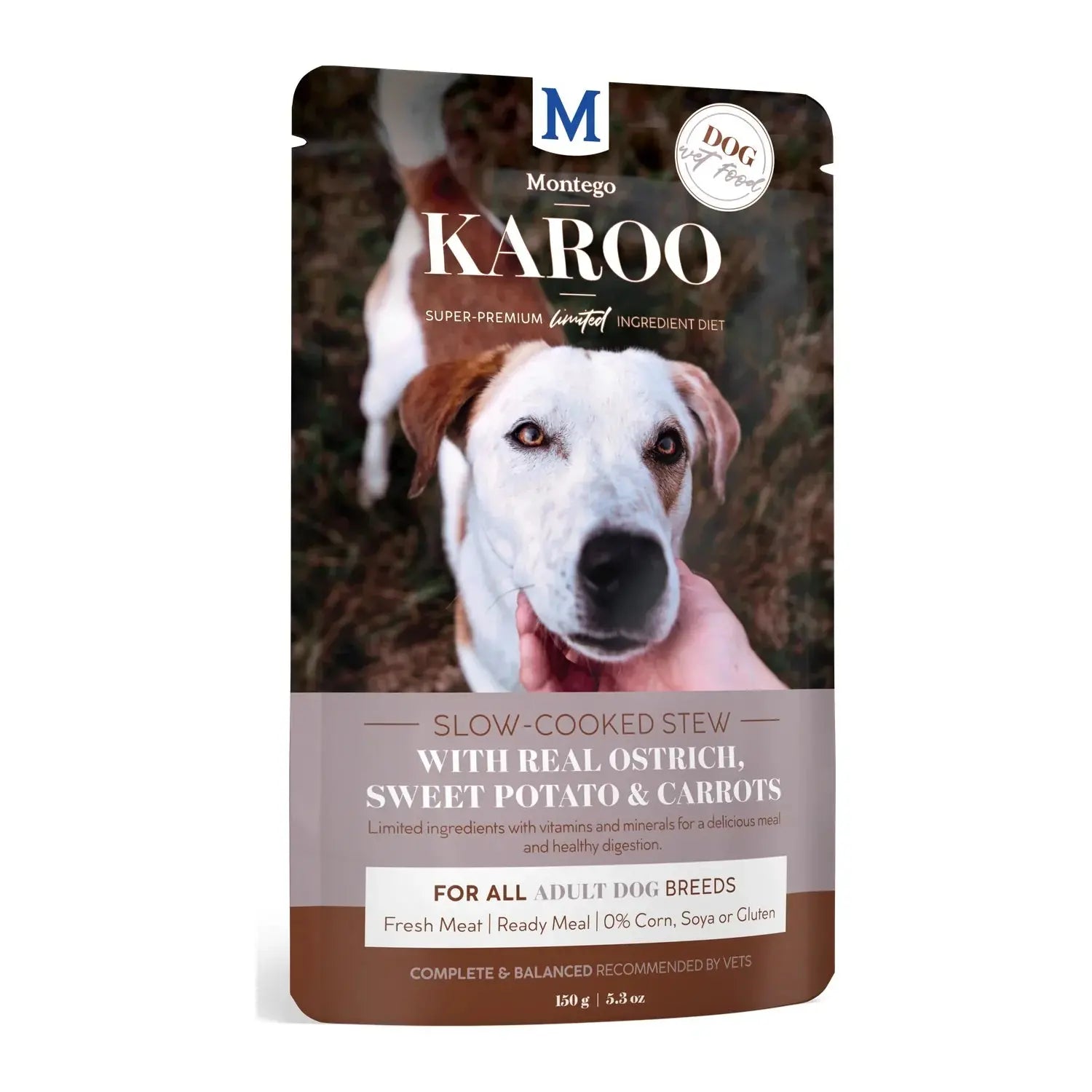 Montego Karoo Adult Ostrich & Carrots wet dog food 150g pouch, slow-cooked stew with real ostrich.