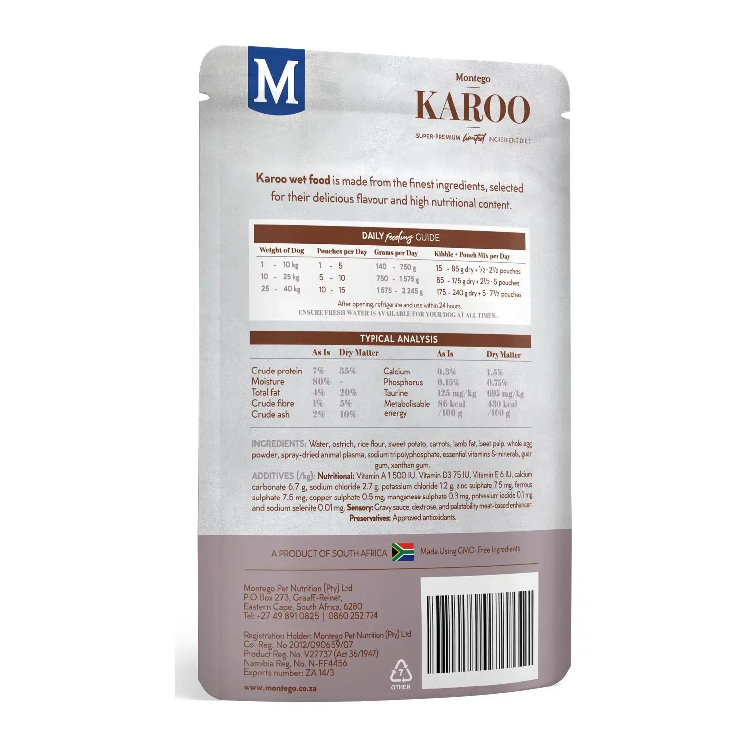 Montego Karoo Ostrich & Carrots wet dog food 150g pouch, back of pack with feeding guide.