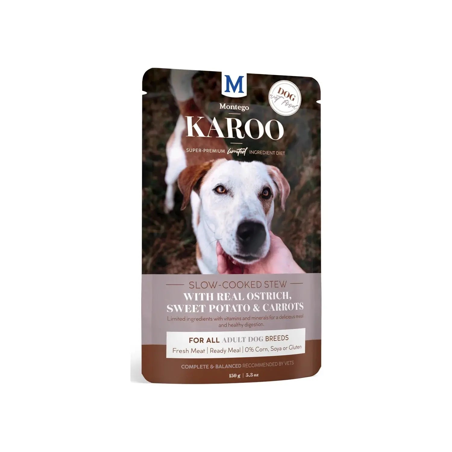 Montego Karoo Adult Ostrich & Carrots wet dog food 150g pouch with ostrich and sweet potato.