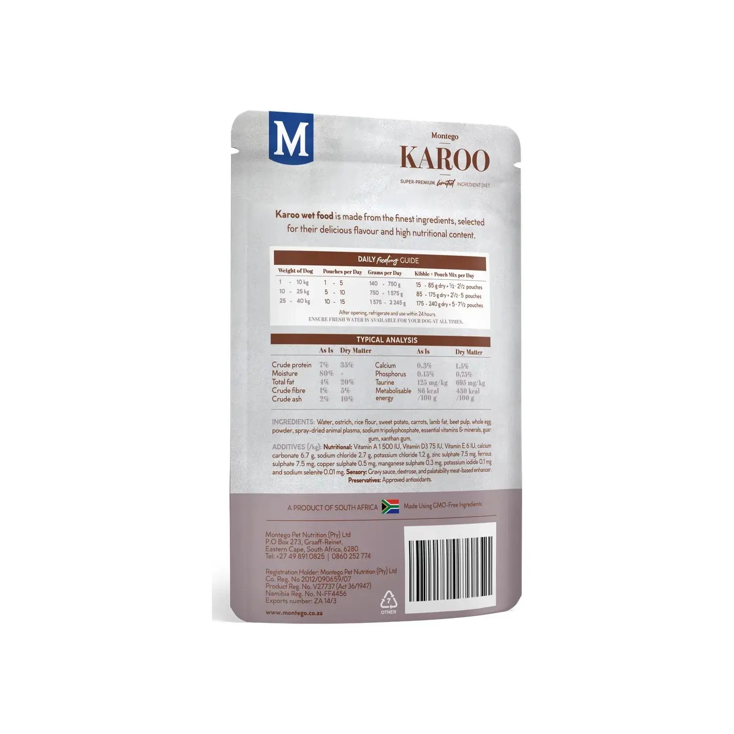 Montego Karoo Ostrich & Carrots wet dog food pouch, back of pack with feeding guide.
