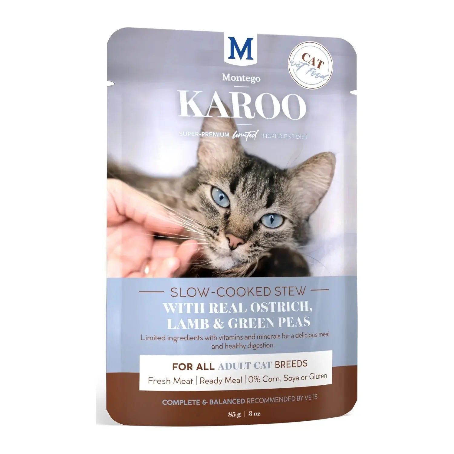 Montego Karoo Adult Ostrich & Peas wet cat food 85g pouch, slow-cooked stew with real ostrich.