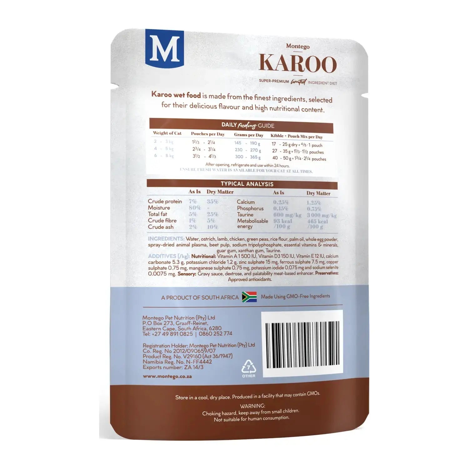 Montego Karoo Ostrich & Peas wet cat food 85g pouch, back of pack with feeding guide.