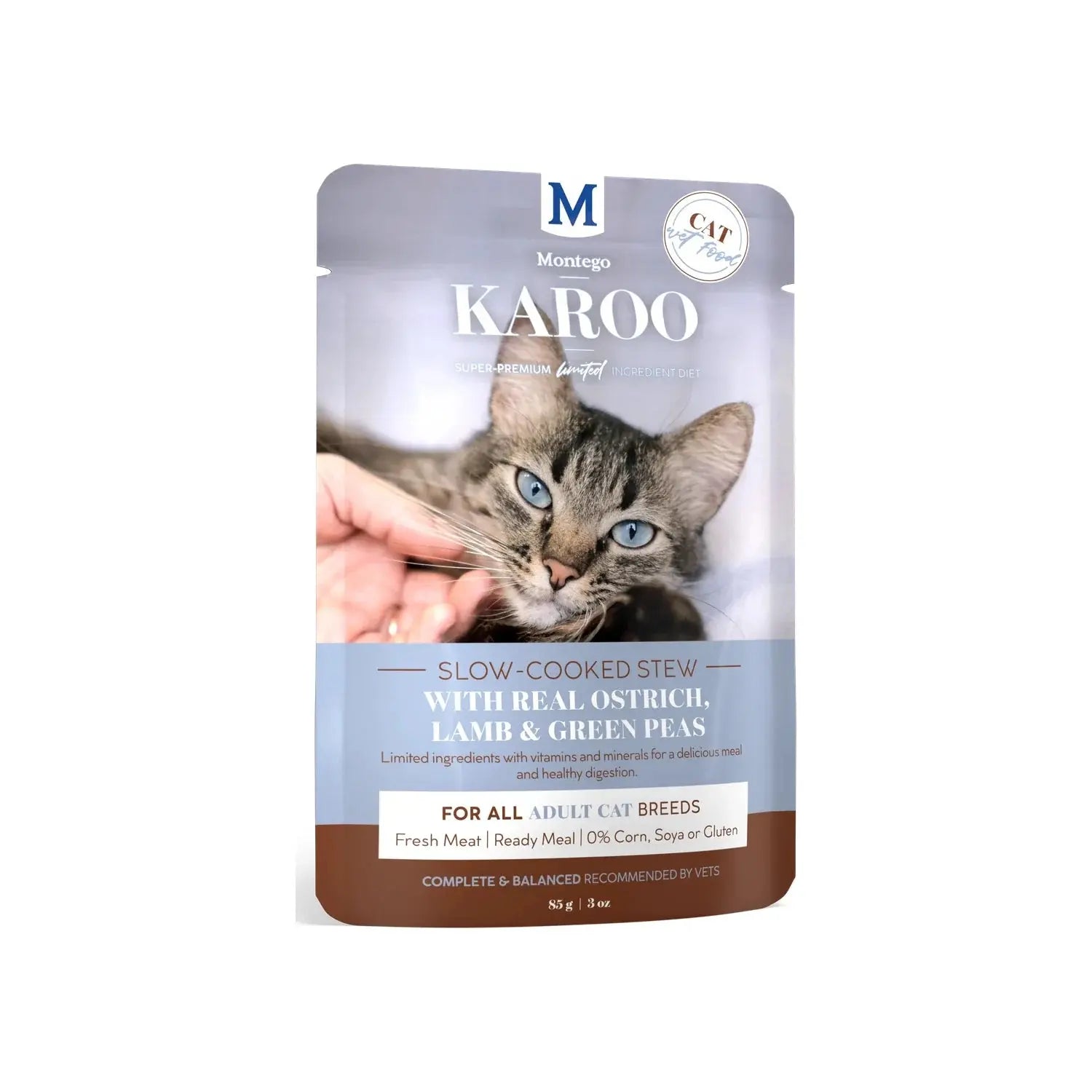 Montego Karoo Adult Ostrich & Peas wet cat food 85g pouch, a grain-free stew for adult cats.