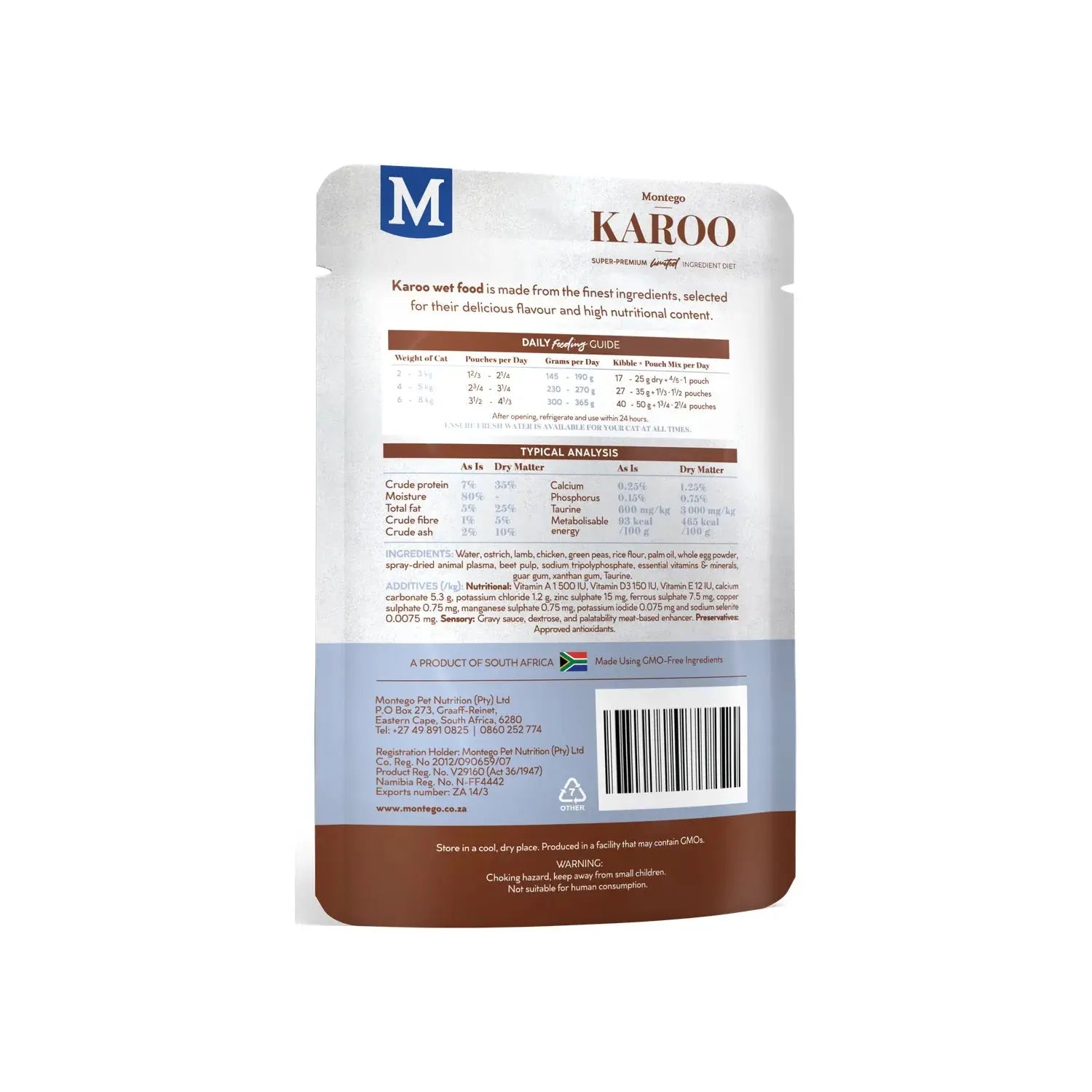 Montego Karoo Ostrich & Peas wet cat food pouch, back of pack with feeding guide.