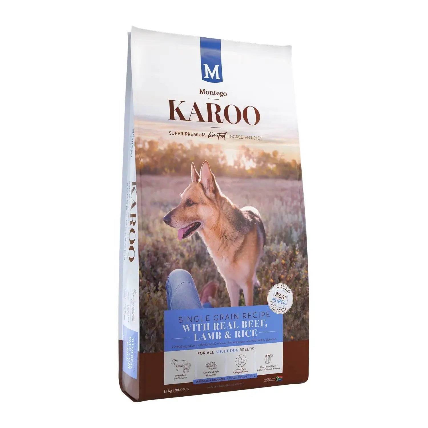 Montego Karoo Beef & Lamb Adult dry dog food 15kg bag with added collagen for joint support.