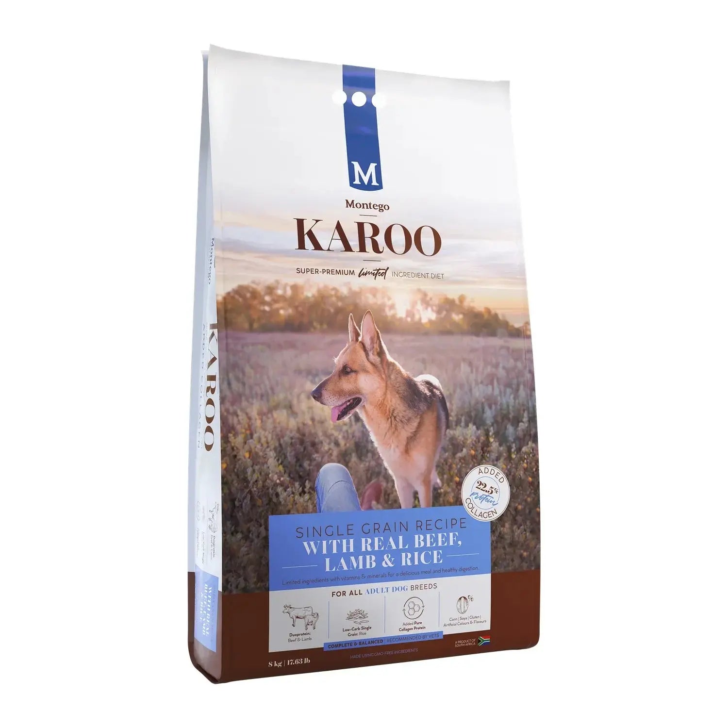 Montego Karoo Beef & Lamb Adult dry dog food 8kg bag with added collagen for joints.