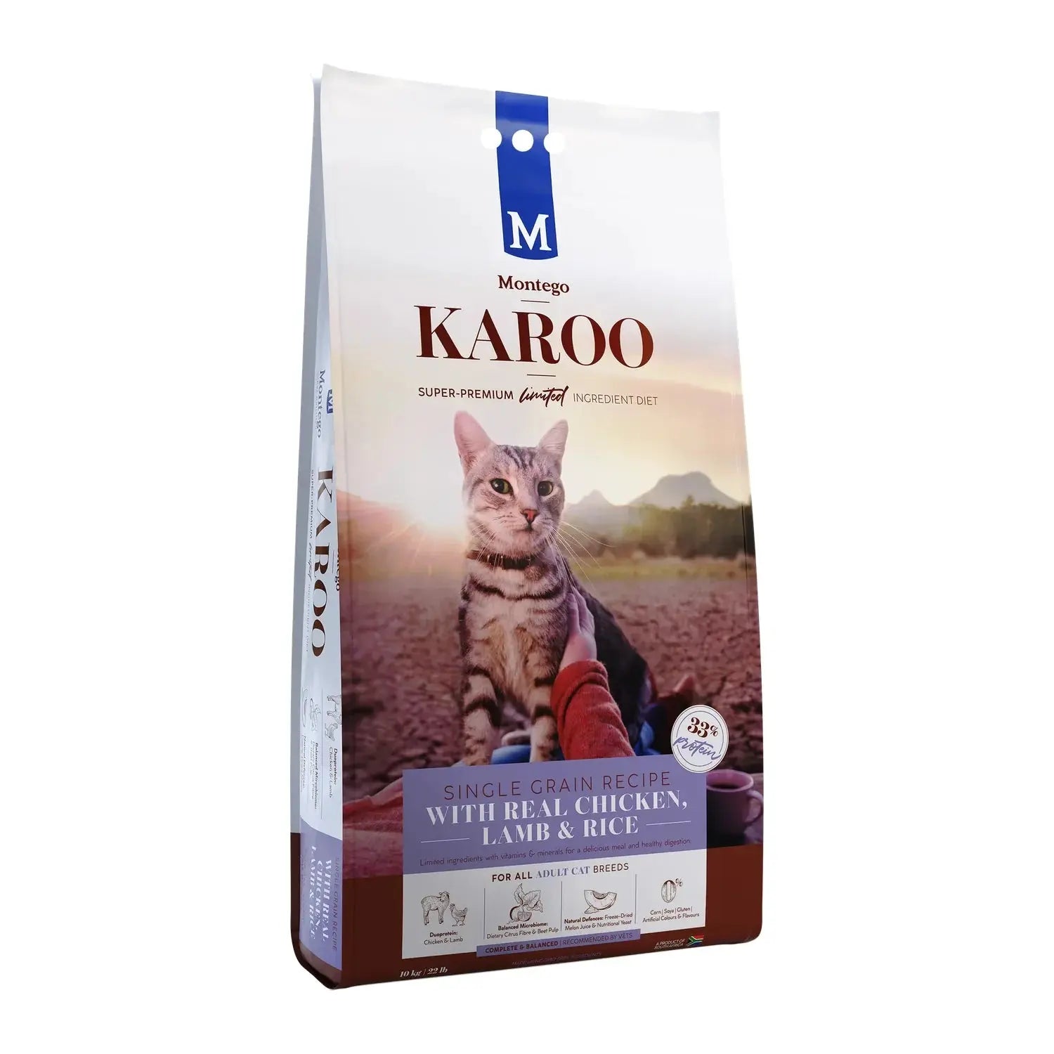 Montego Karoo Chicken & Lamb Adult dry cat food 10kg bag, single-grain recipe with taurine.