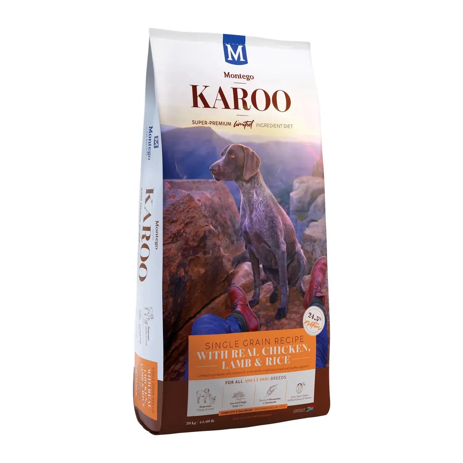 Montego Karoo Chicken & Lamb Adult dry dog food 20kg bag, single-grain recipe with real chicken and lamb.
