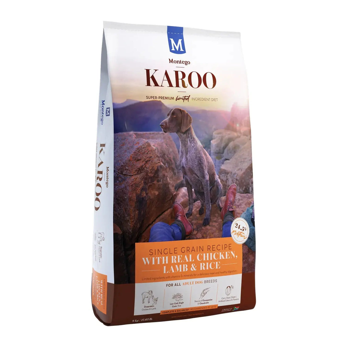 Montego Karoo Chicken & Lamb Adult dry dog food 8kg bag, single-grain recipe with real chicken and lamb.