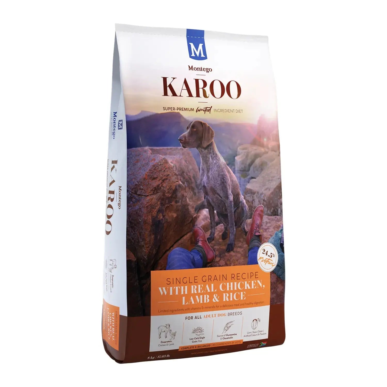Montego Karoo Chicken & Lamb Adult dry dog food 8kg bag, single-grain recipe with real chicken and lamb.