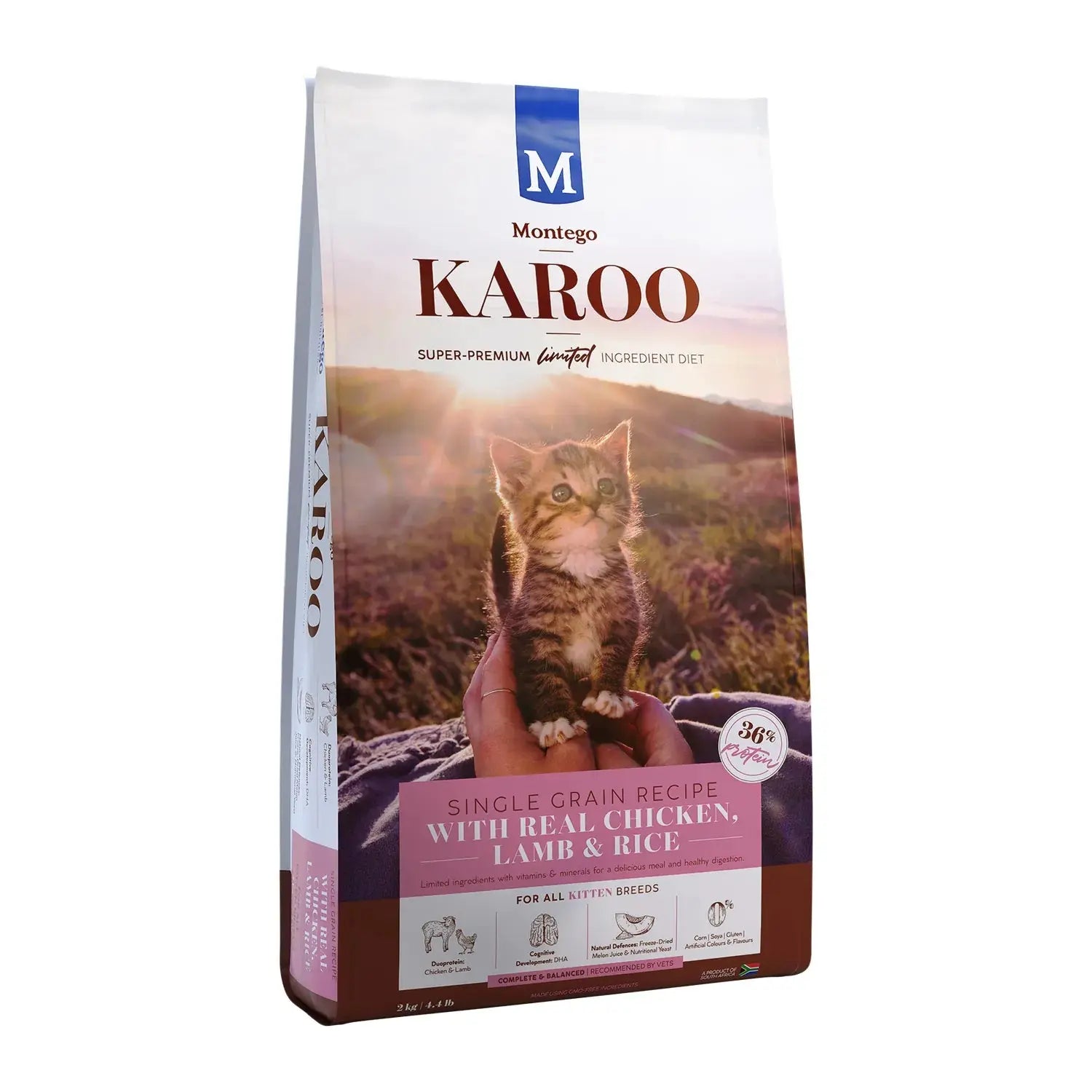 Montego Karoo Chicken & Lamb Kitten dry cat food 2kg bag with 36% protein and DHA.