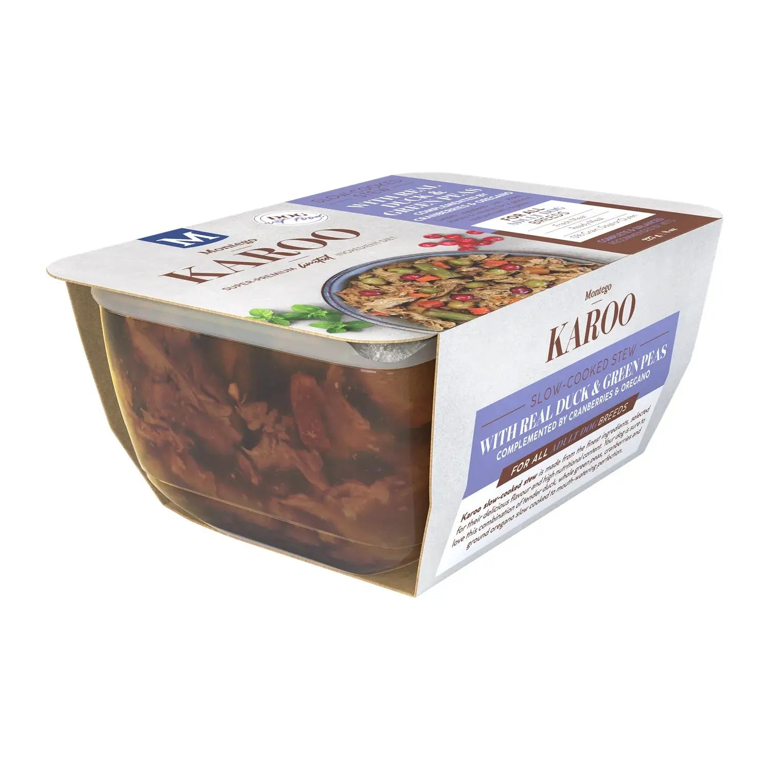 Montego Karoo Duck & Green Peas wet dog food 227g tub with real duck and cranberries.
