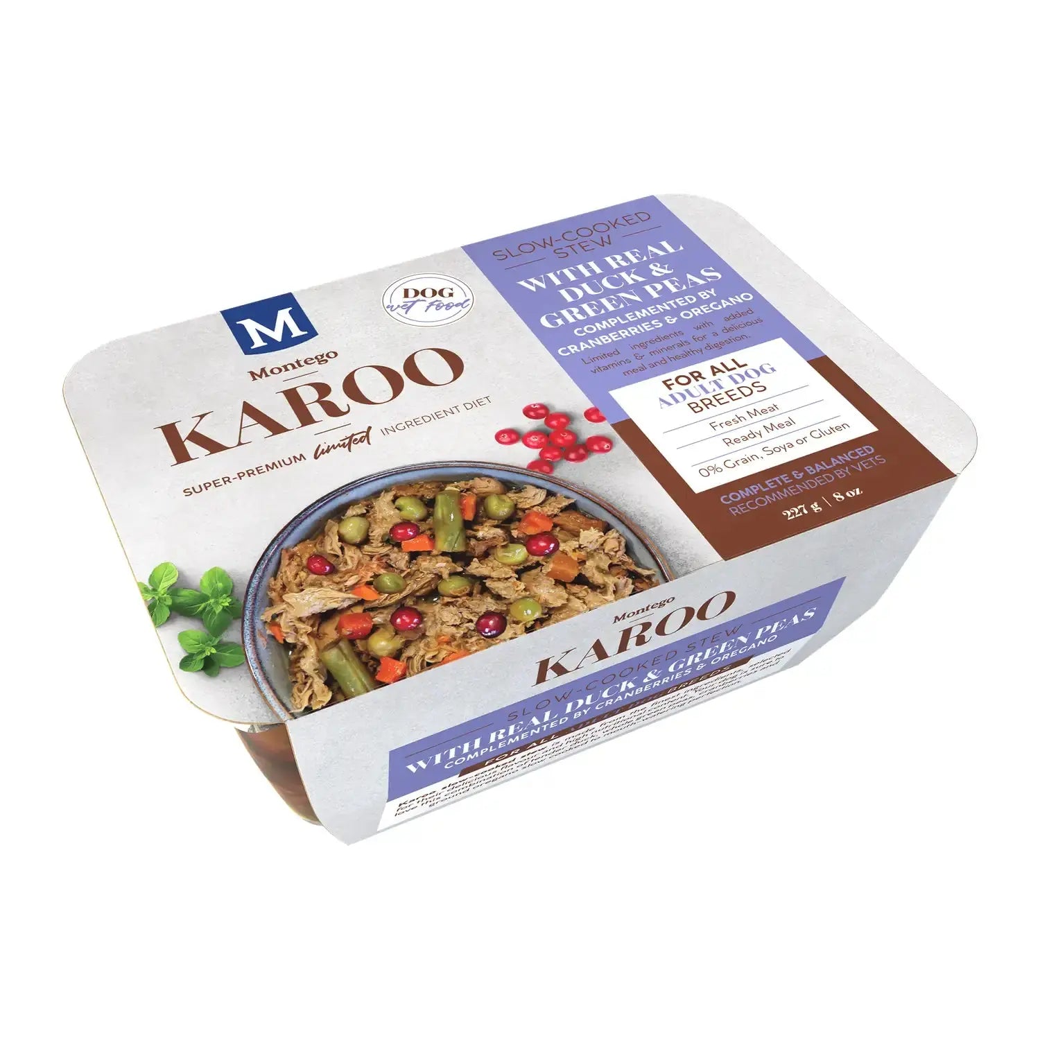 Montego Karoo Duck & Green Peas wet dog food tub, top view of the slow-cooked grain-free stew.