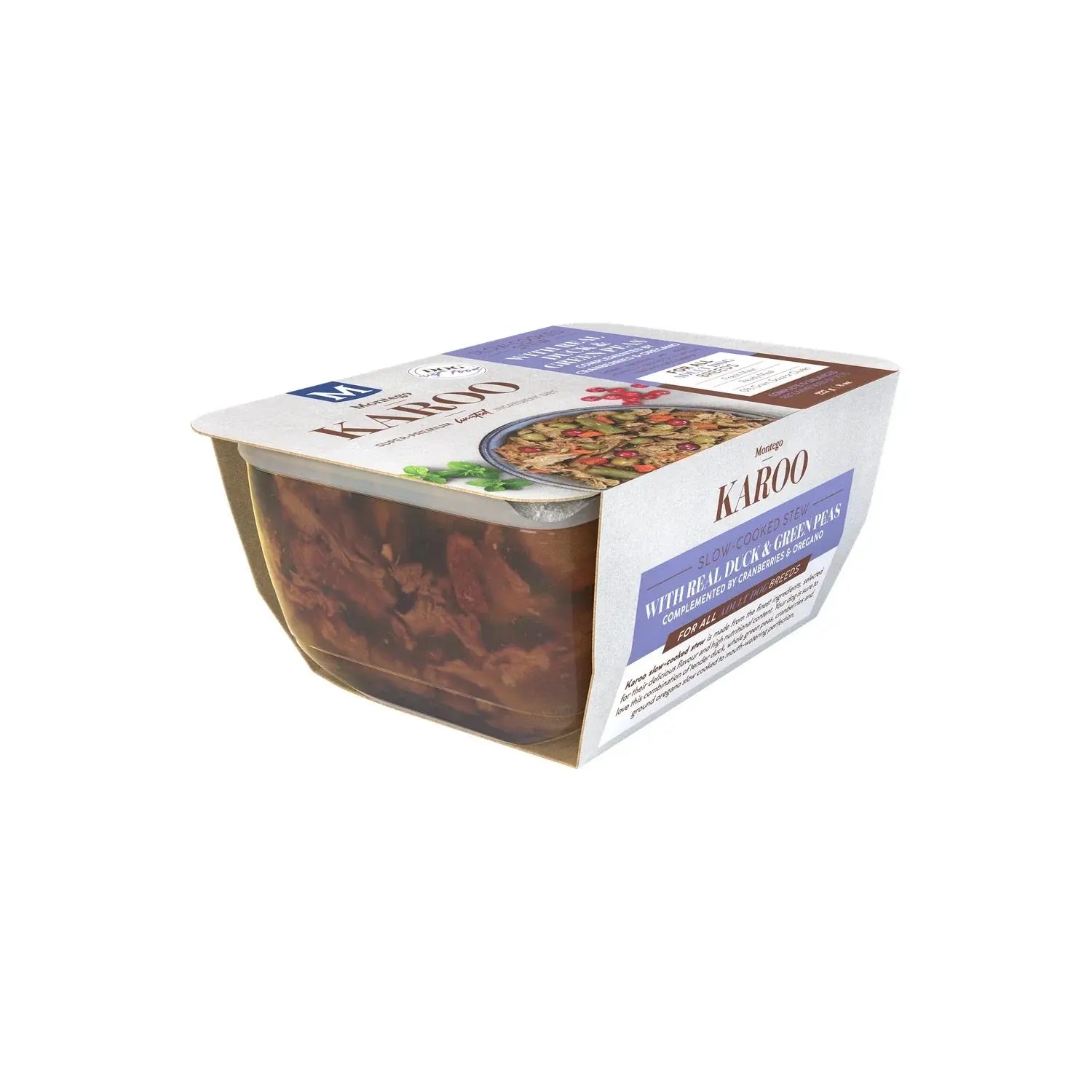 Montego Karoo Duck & Green Peas wet dog food 227g tub with real duck and cranberries.