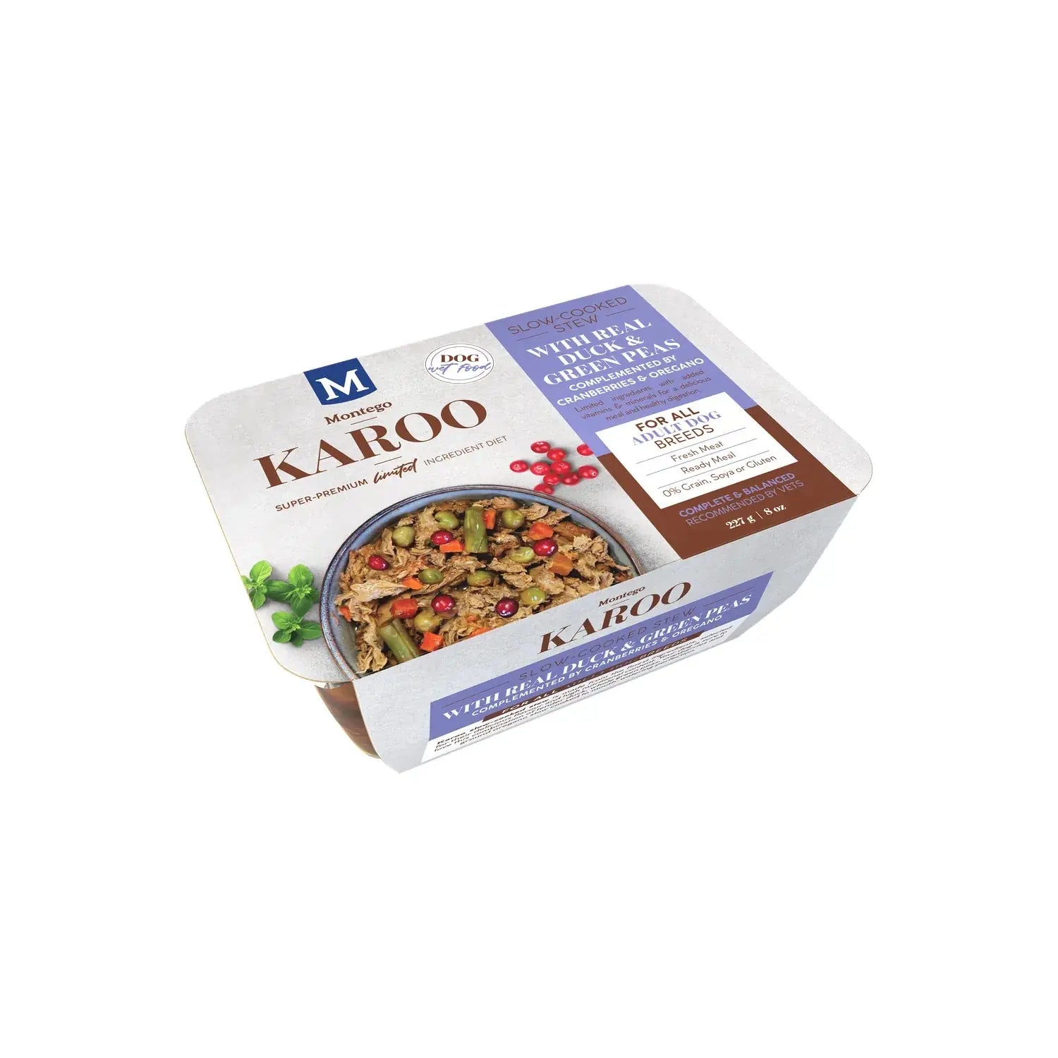 Montego Karoo Duck & Green Peas wet dog food tub, top view showing the sleeve label.
