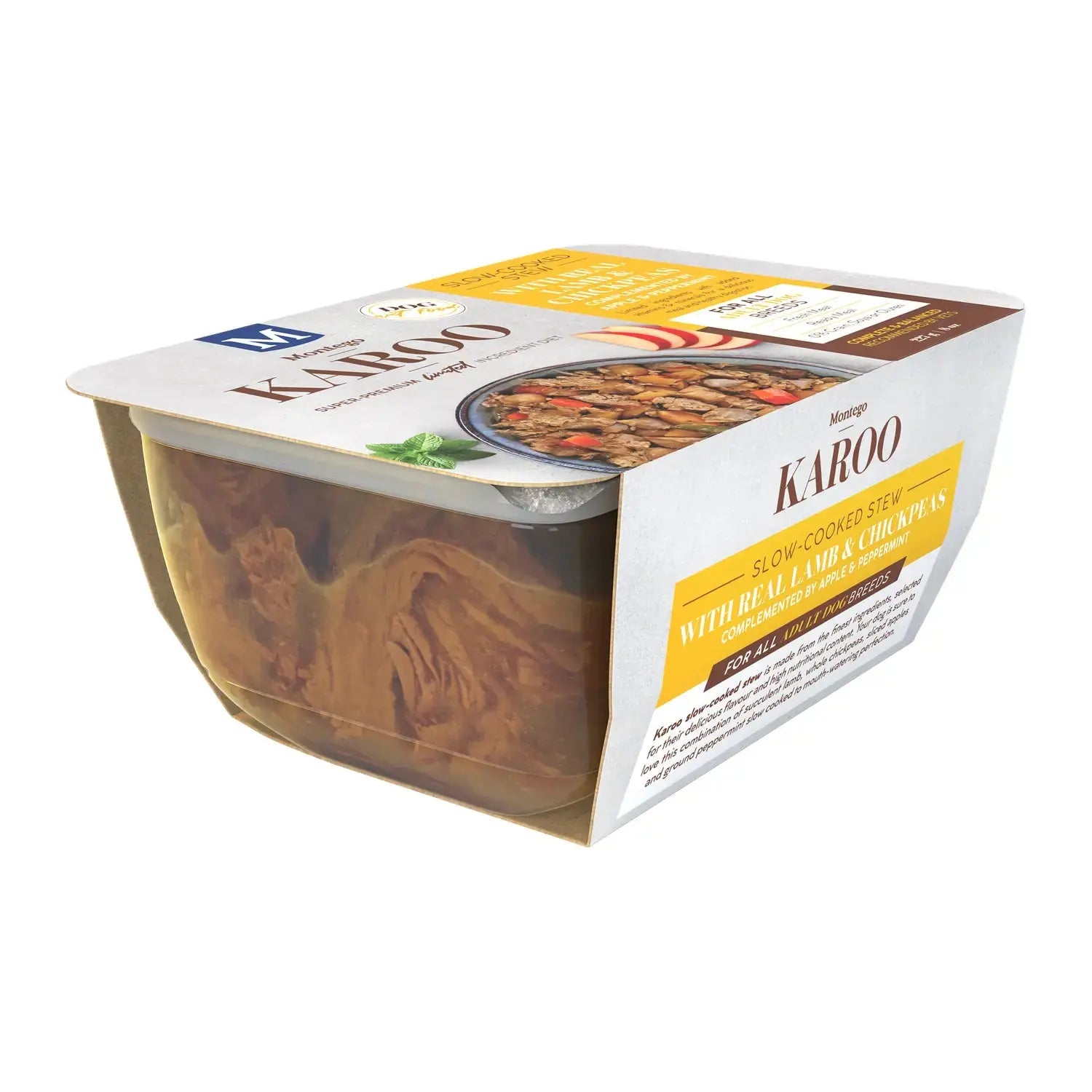 Montego Karoo Lamb & Chickpeas wet dog food 227g tub with real lamb, chickpeas and apple.