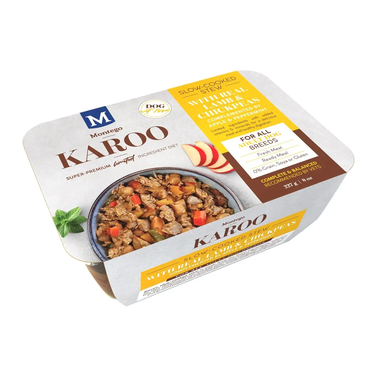 Montego Karoo Lamb & Chickpeas wet dog food tub, top view of the slow-cooked grain-free stew.