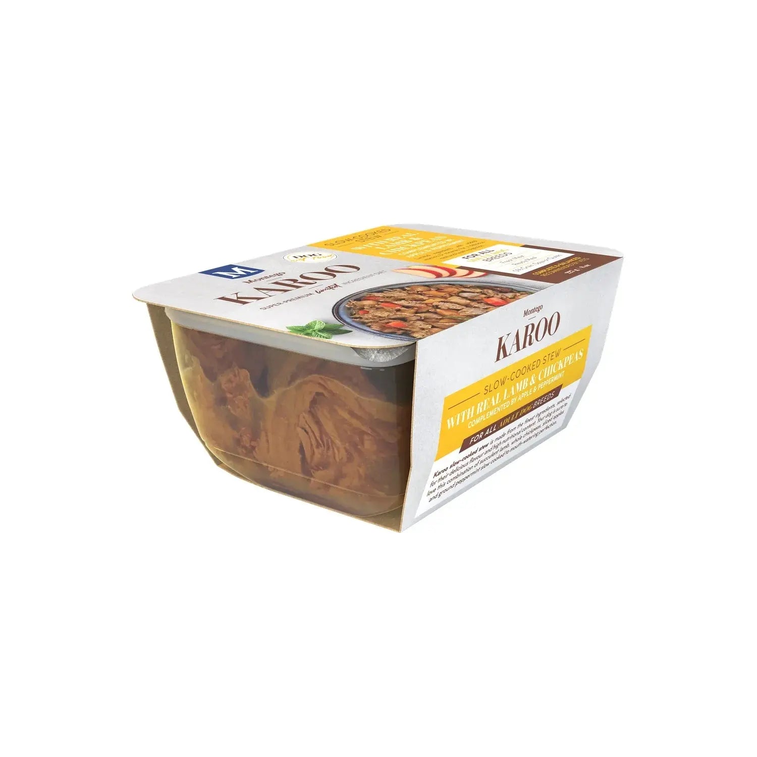 Montego Karoo Lamb & Chickpeas wet dog food 227g tub with real lamb, chickpeas and apple.