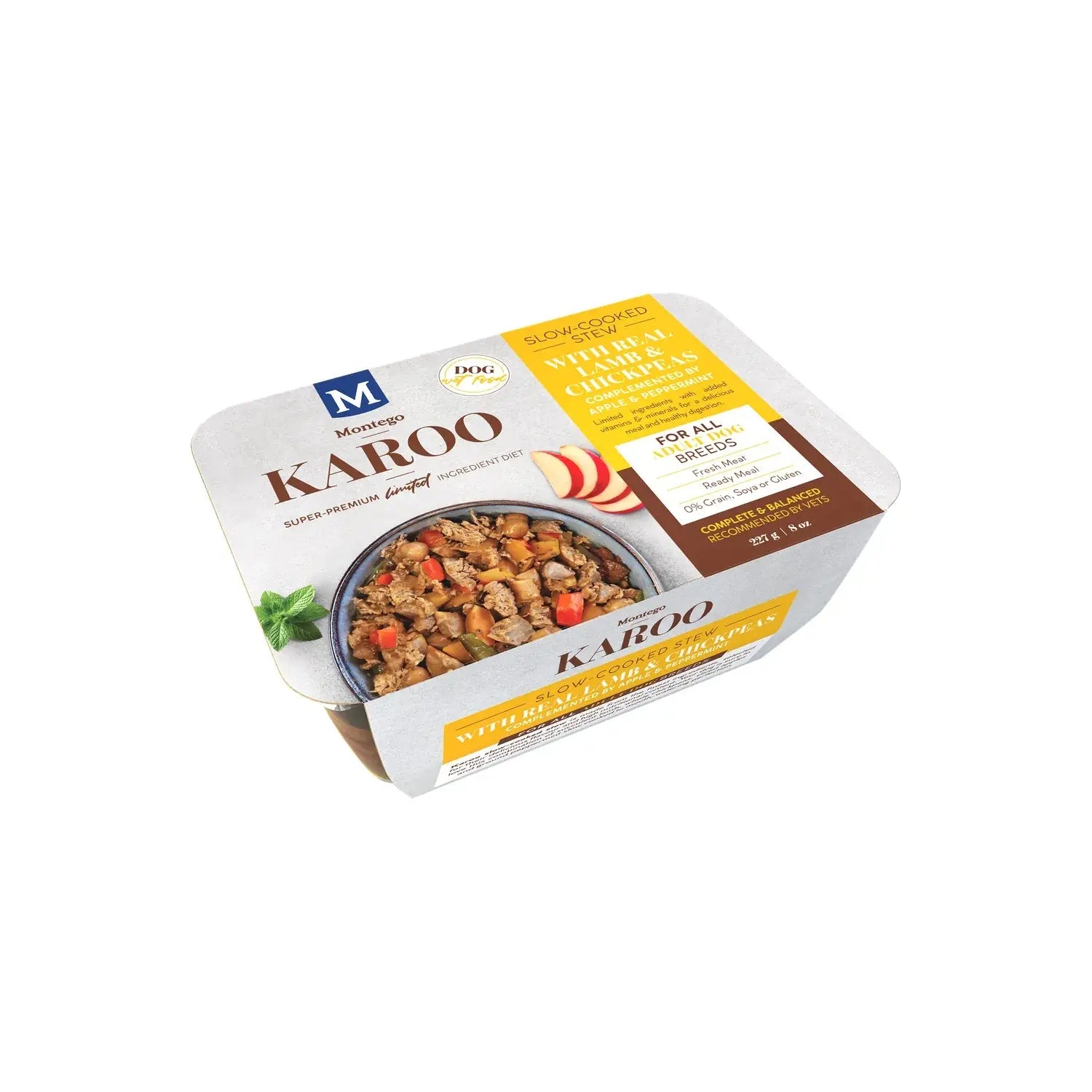 Montego Karoo Lamb & Chickpeas wet dog food tub, top view showing the sleeve label.