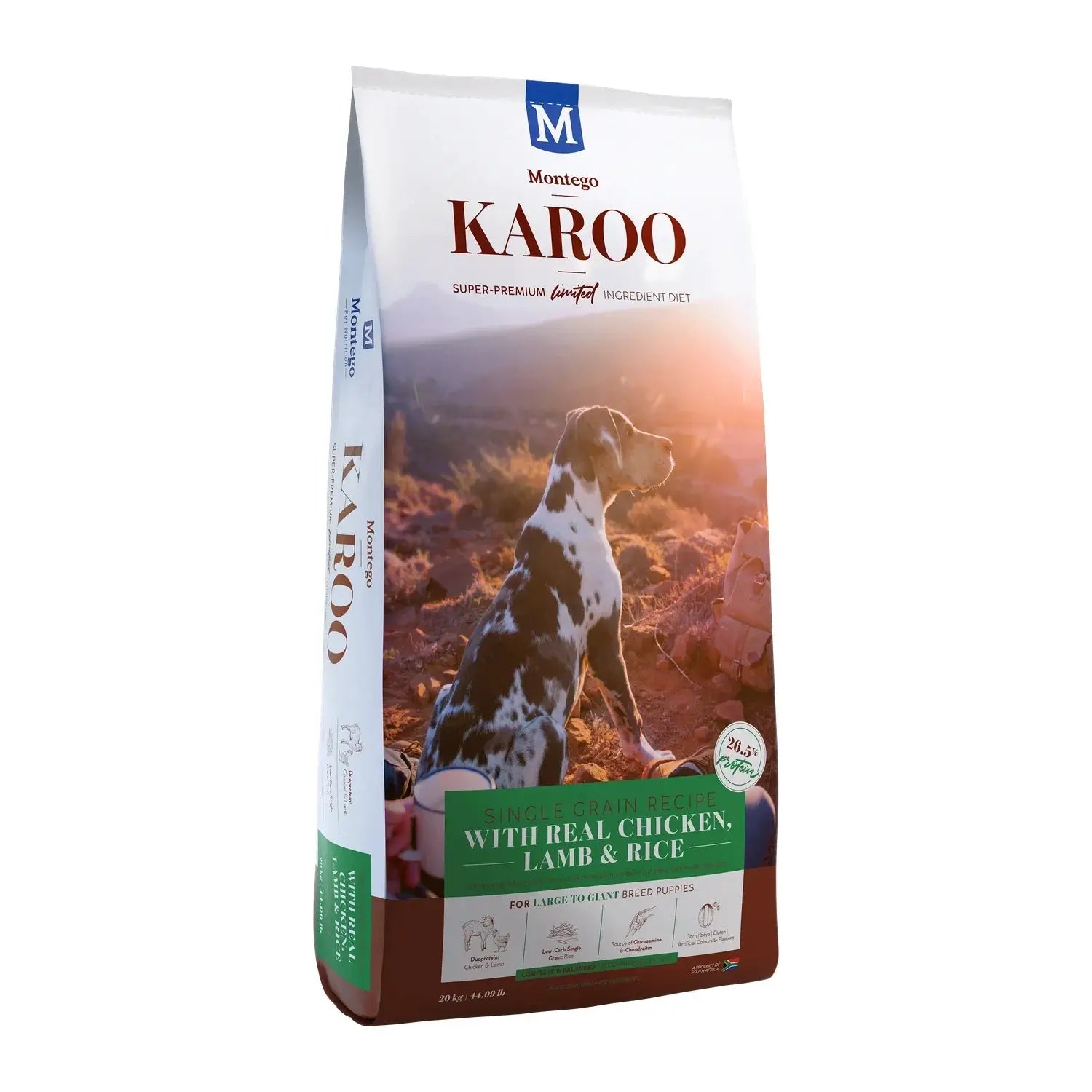 Montego Karoo Large Breed Puppy dry dog food 20kg bag with DHA and glucosamine for growing joints.