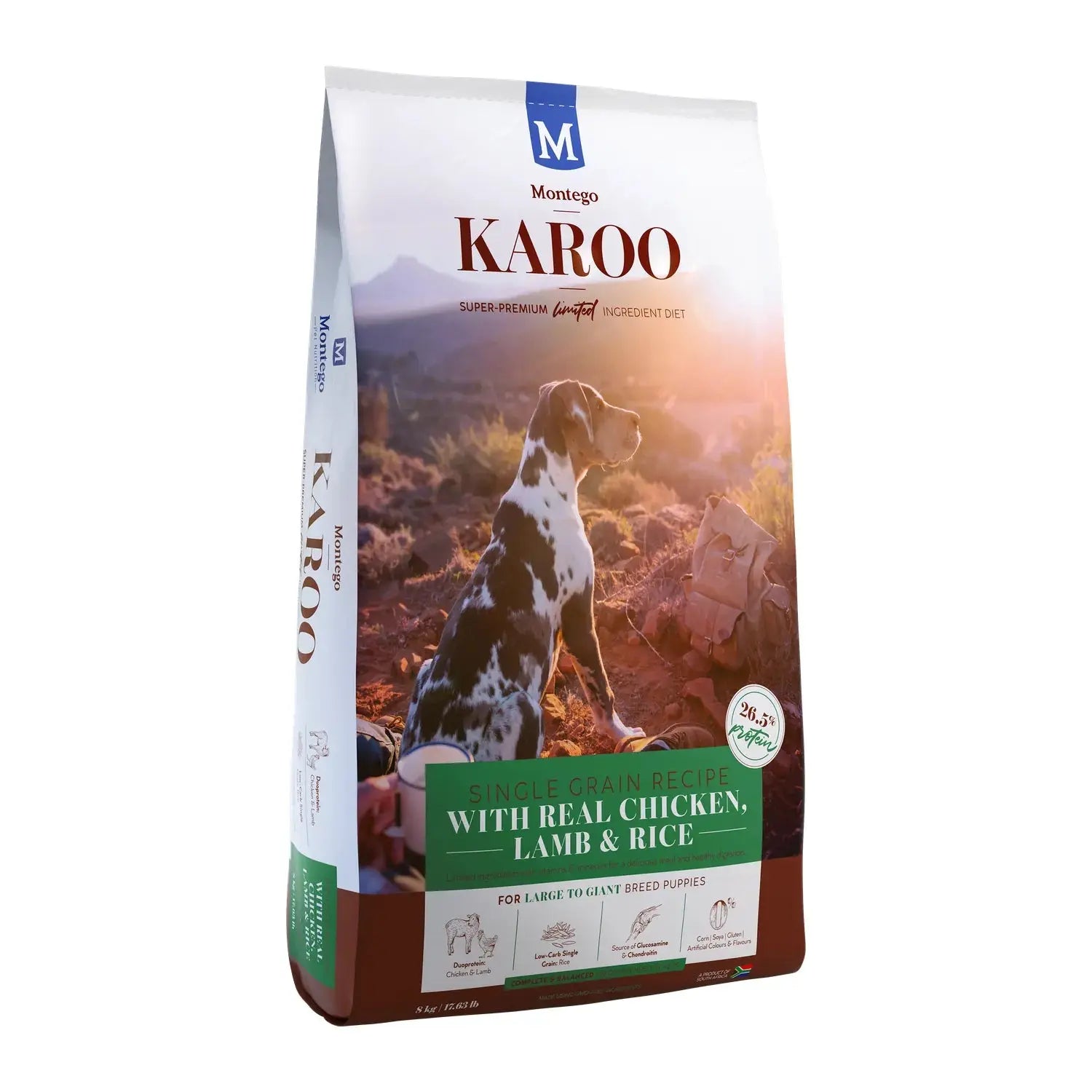 Montego Karoo Large Breed Puppy dry dog food 8kg bag with DHA and glucosamine for growing joints.