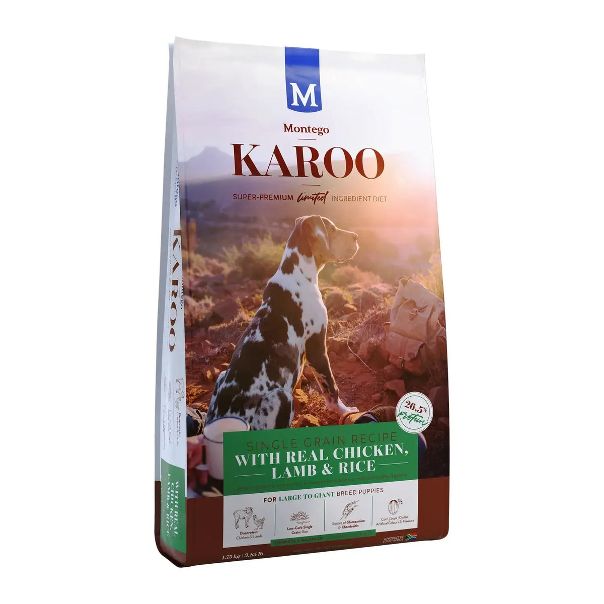 Montego Karoo Large Breed Puppy dry dog food 1.75kg bag with DHA for brain development.