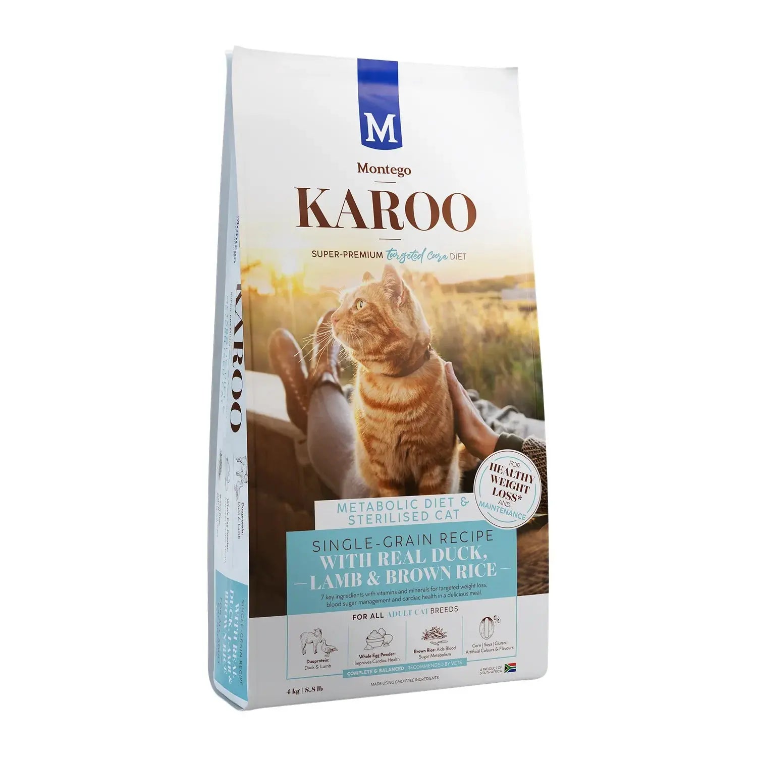 Montego Karoo Metabolic Diet and Sterilised dry cat food 4kg bag with duck and lamb.