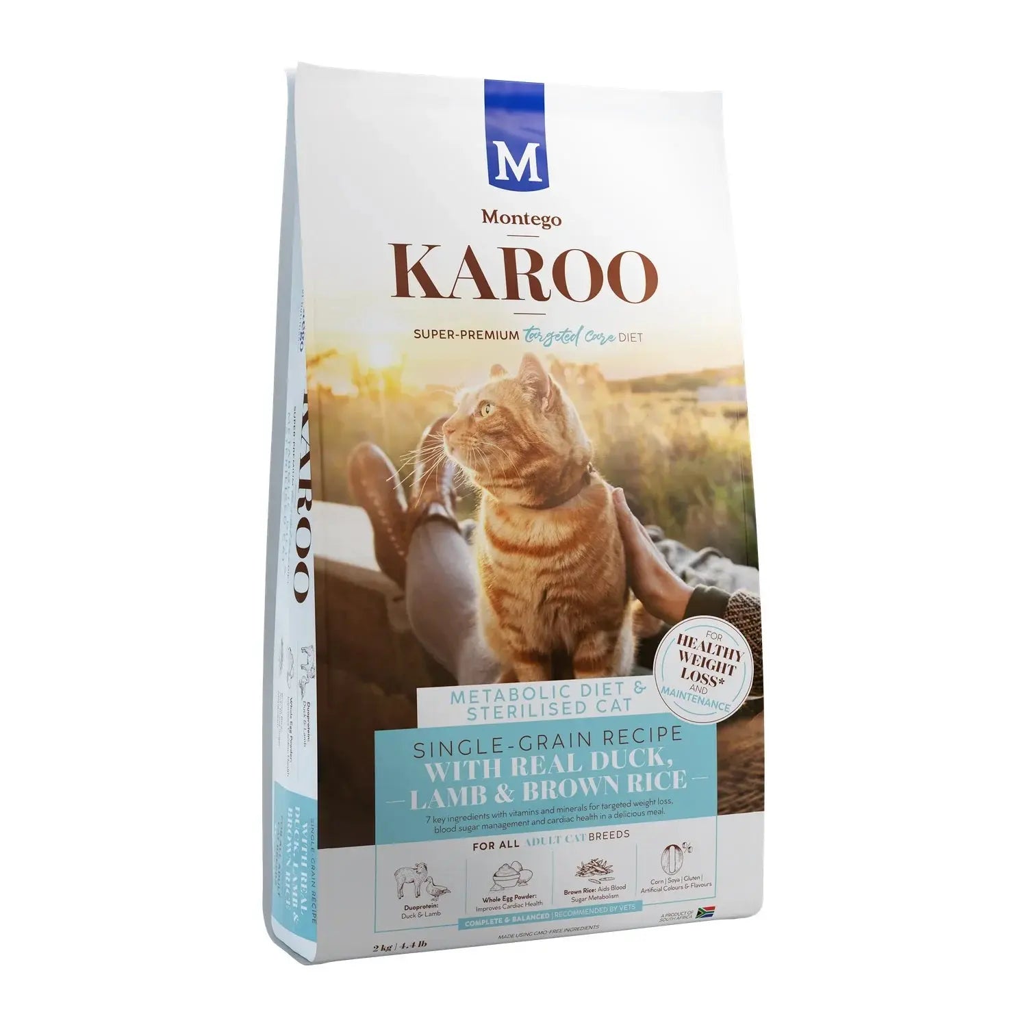 Montego Karoo Metabolic Diet & Sterilised Adult dry cat food 2kg bag with L-carnitine.