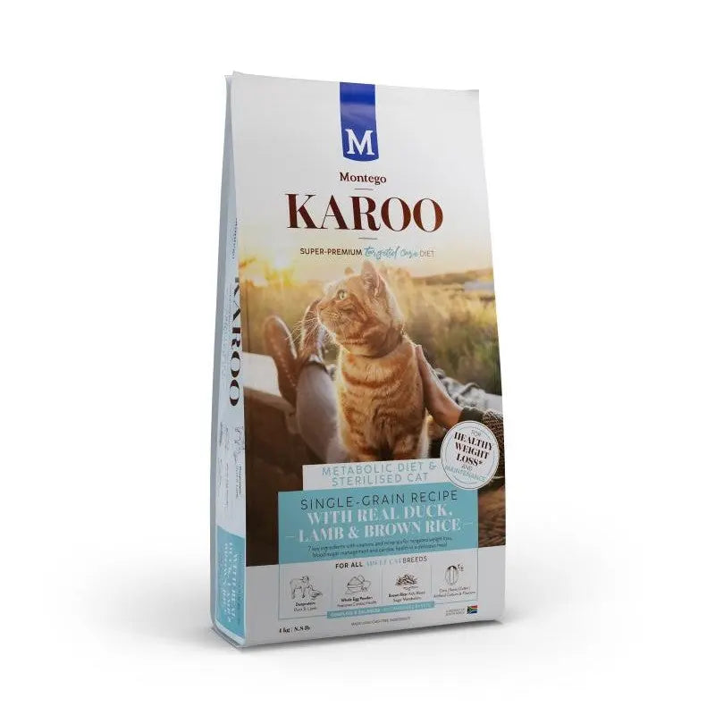 Premium cat food bag featuring real duck, lamb, and brown rice for a healthy diet.