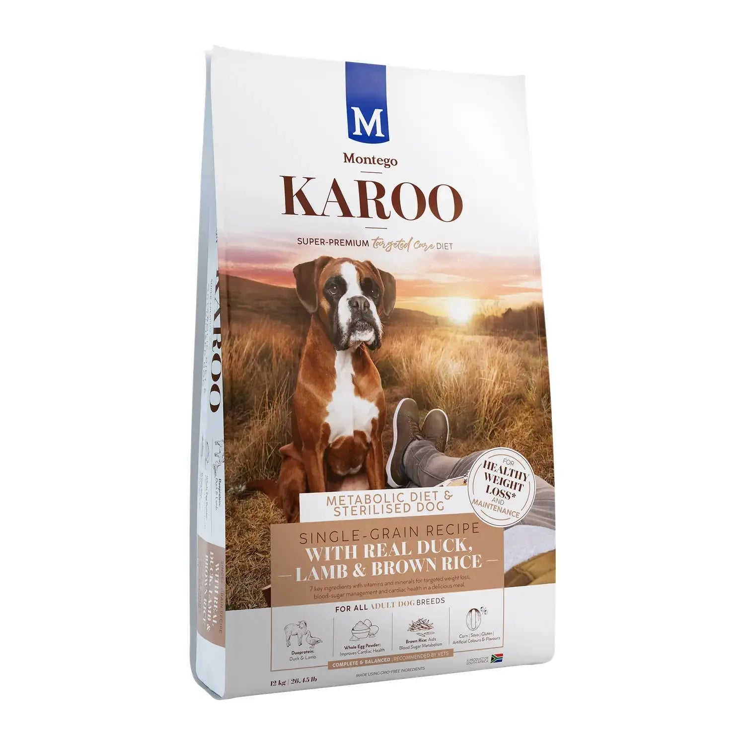 Montego Karoo Metabolic Diet and Sterilised dry dog food 12kg bag with duck, lamb and L-carnitine.