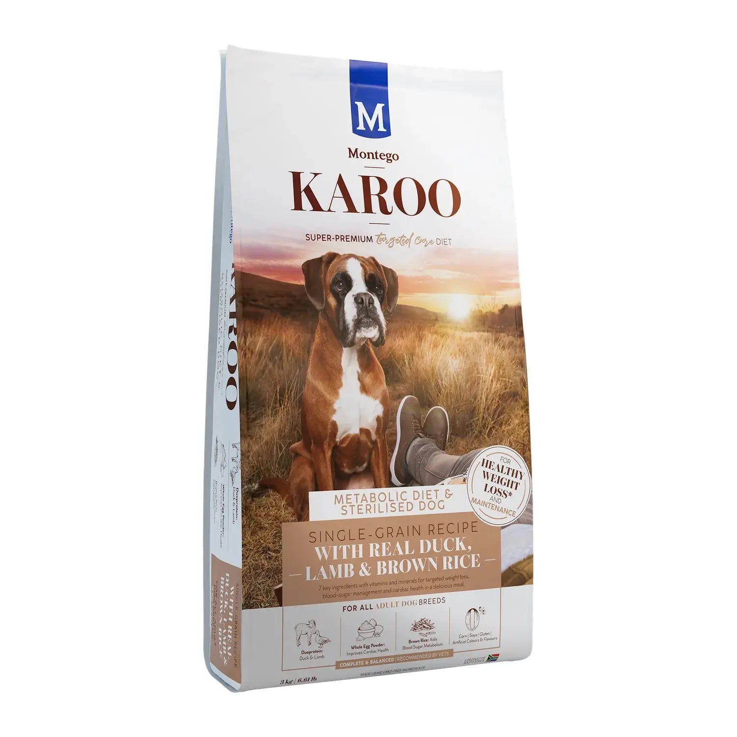 Montego Karoo Metabolic Diet & Sterilised Adult dry dog food 3kg bag with L-carnitine.