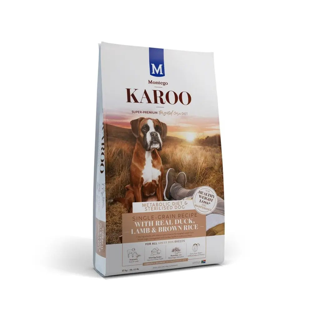 Super-premium dog food bag featuring real duck, lamb, and brown rice for a healthy diet.