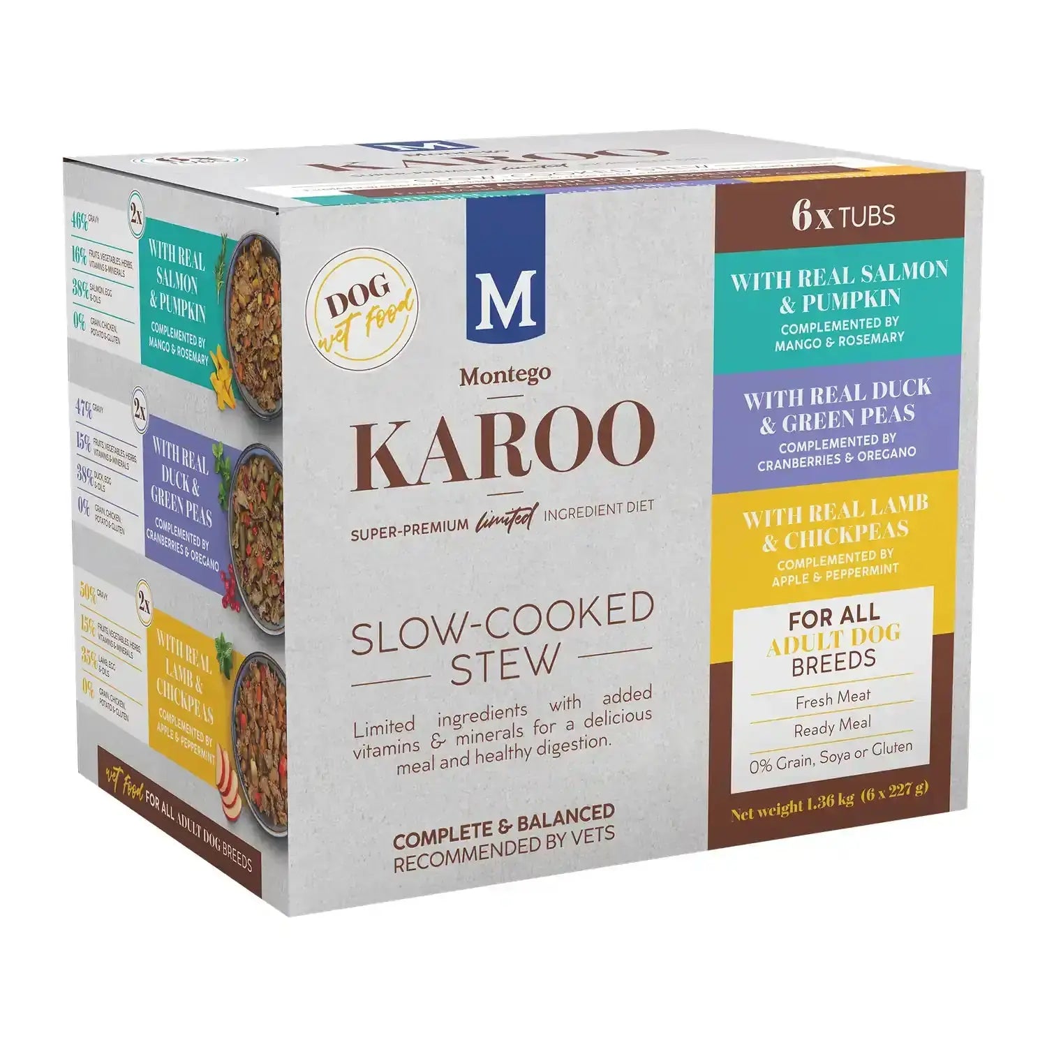 Montego Karoo wet dog food multipack, six 227g tubs with duck, lamb and salmon recipes.