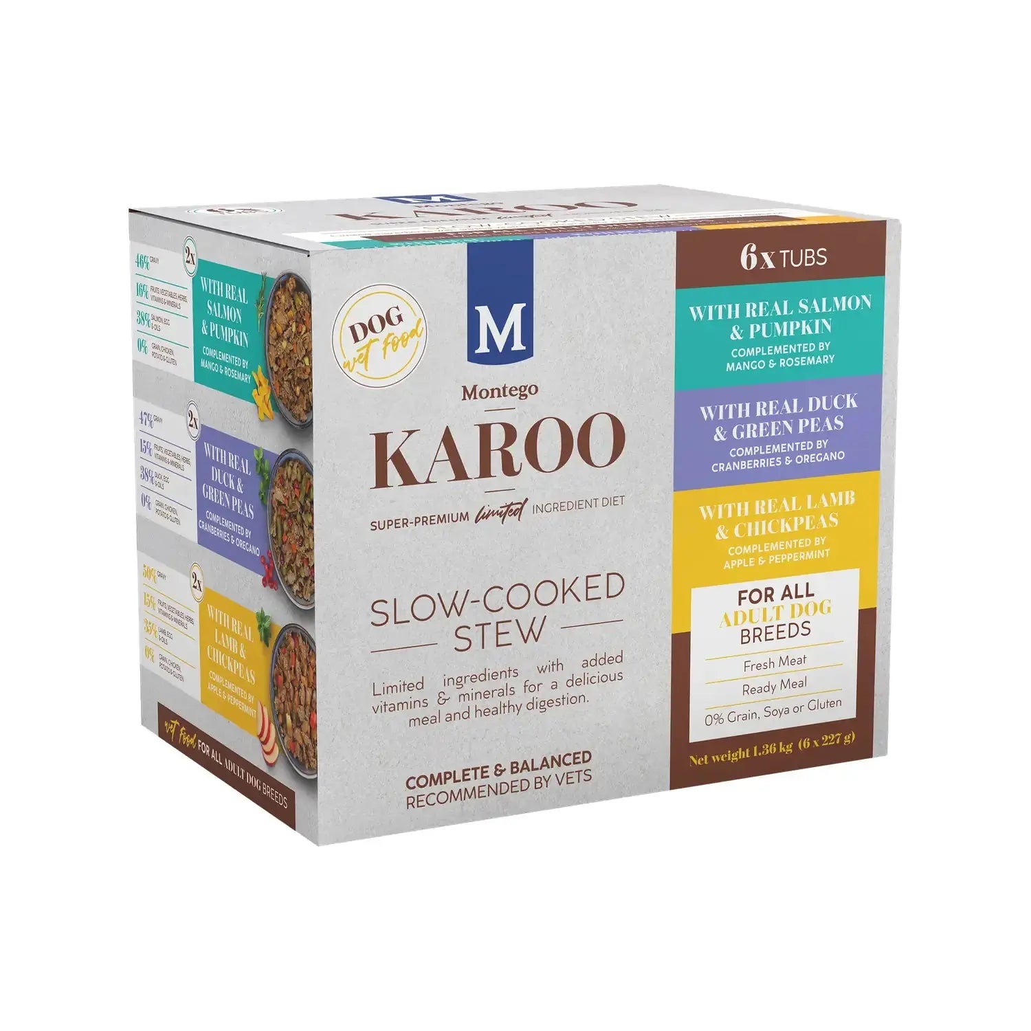 Montego Karoo Multipack wet dog food, six 227g tubs of slow-cooked stew.