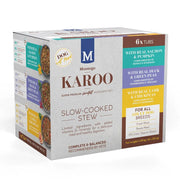 Montego Karoo slow-cooked stew for dogs, featuring real meat and wholesome ingredients in convenient tubs.