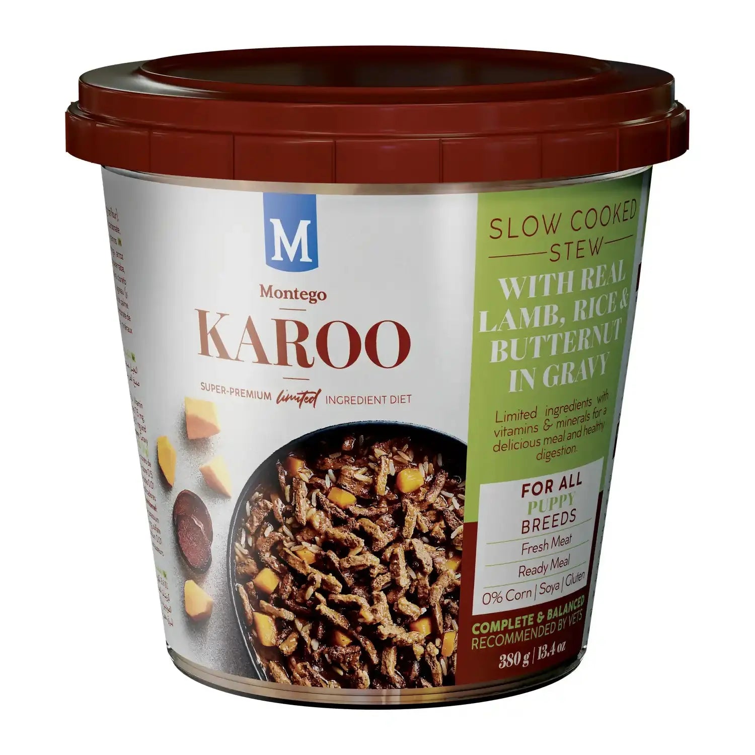 Montego Karoo Puppy Lamb wet dog food tub, slow-cooked lamb, rice and butternut stew for puppies.