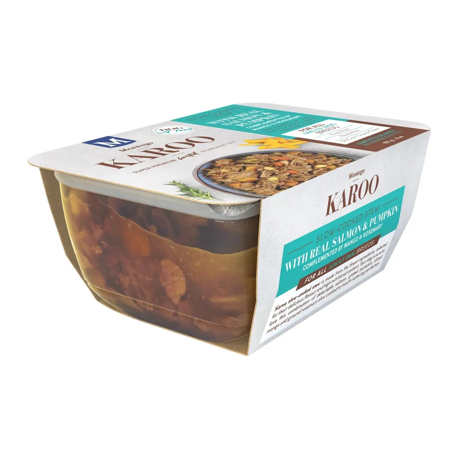 Montego Karoo Salmon & Pumpkin wet dog food 227g tub with real salmon, pumpkin and mango.