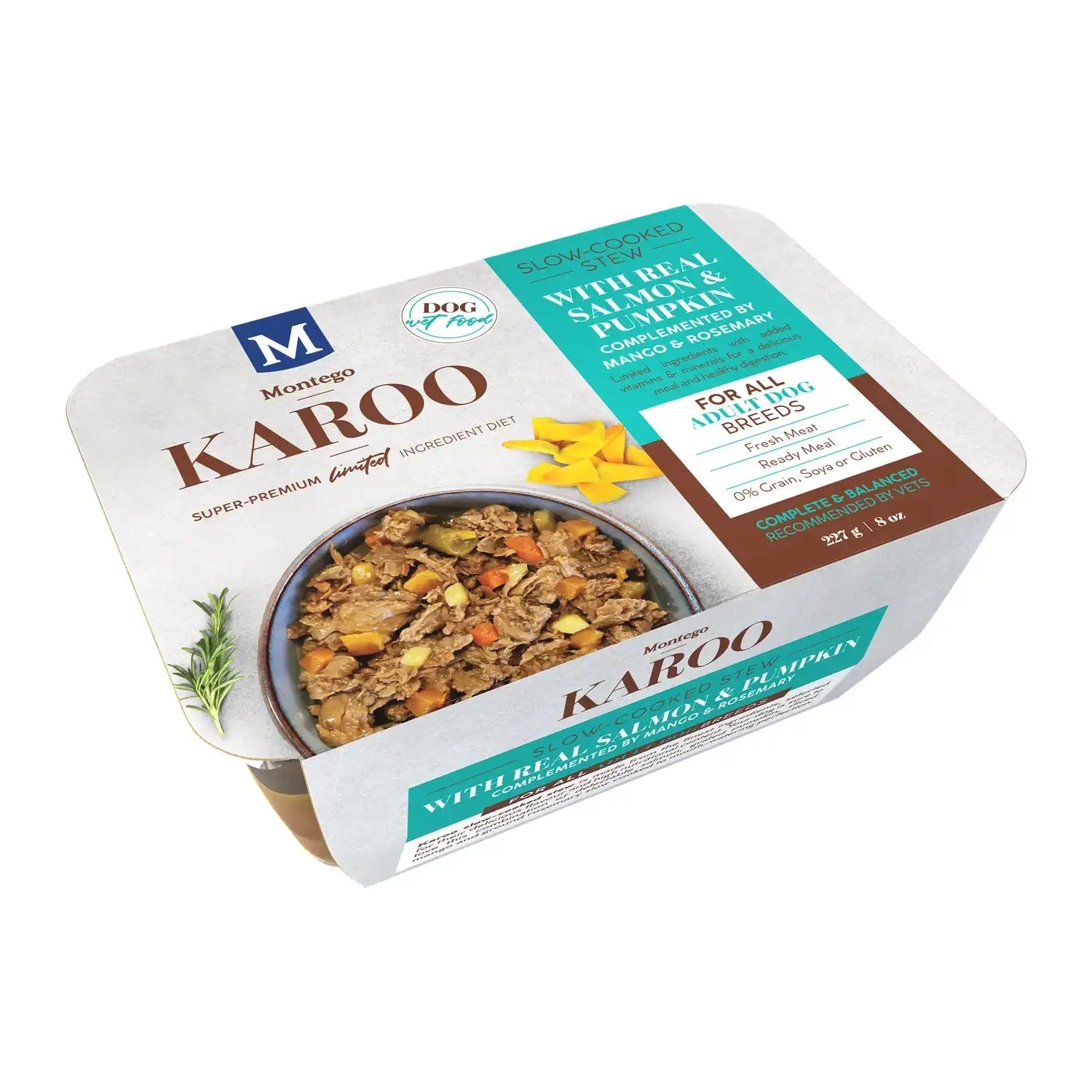 Montego Karoo Salmon & Pumpkin wet dog food tub, top view of the omega-rich slow-cooked stew.
