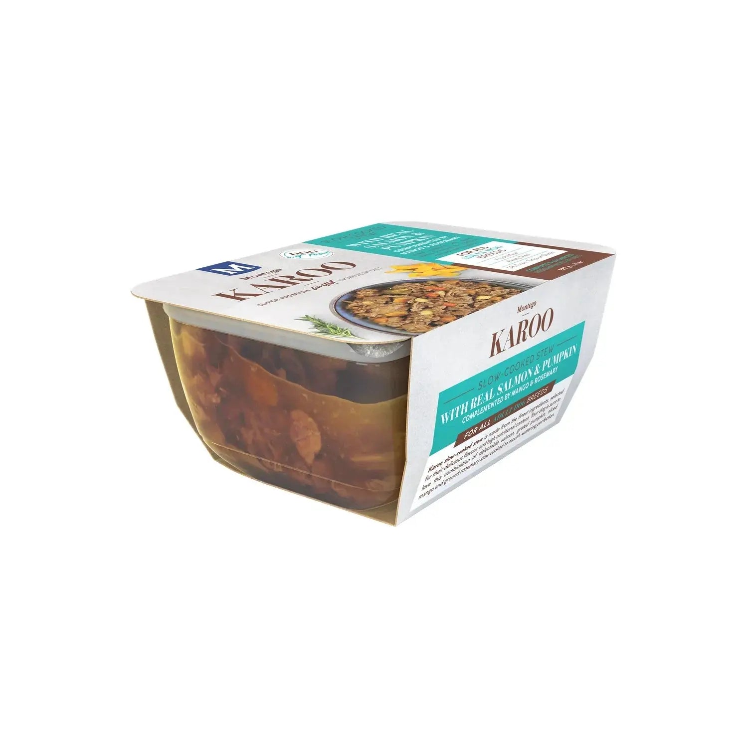 Montego Karoo Salmon & Pumpkin wet dog food 227g tub with real salmon, pumpkin and mango.