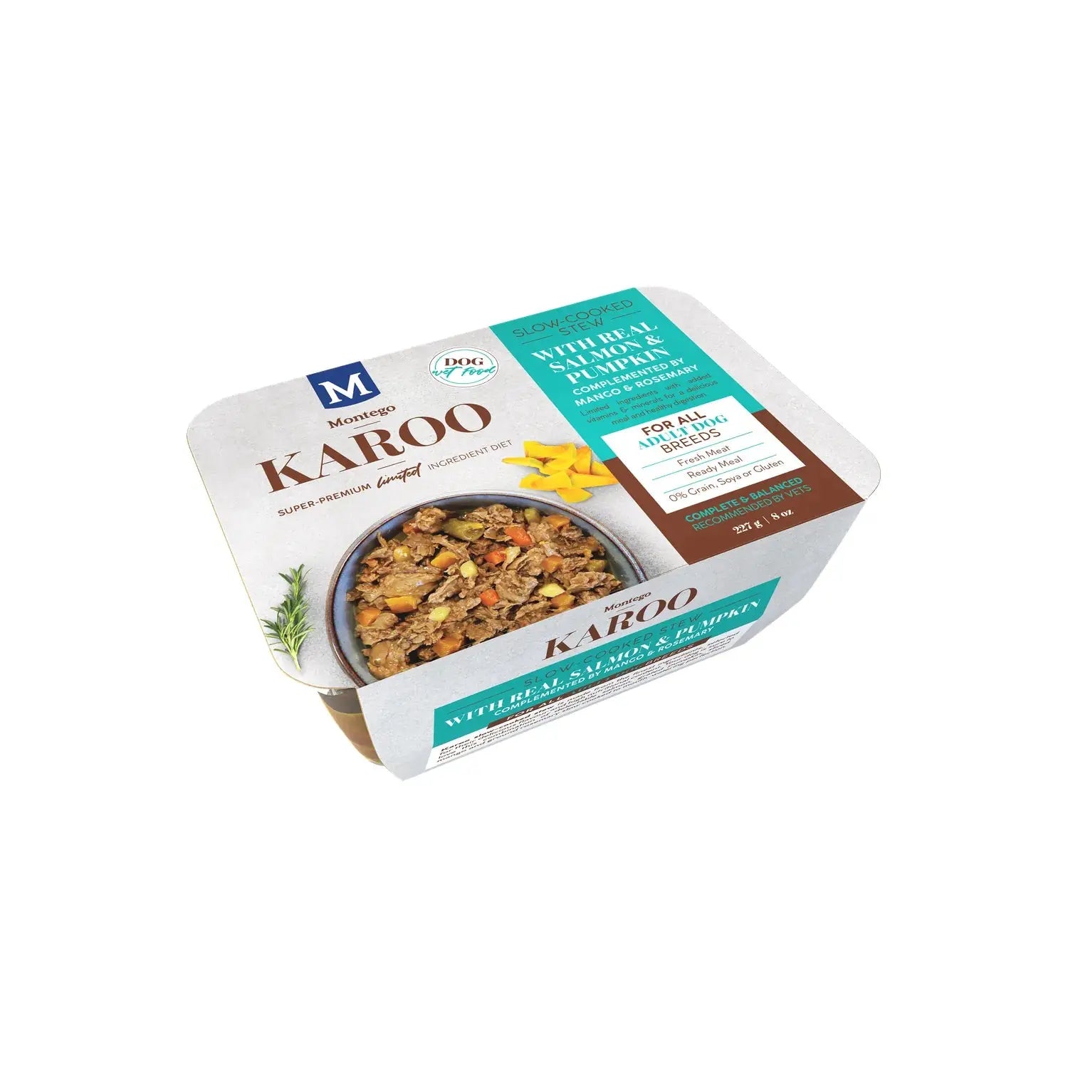 Montego Karoo Salmon & Pumpkin wet dog food tub, top view showing the sleeve label.