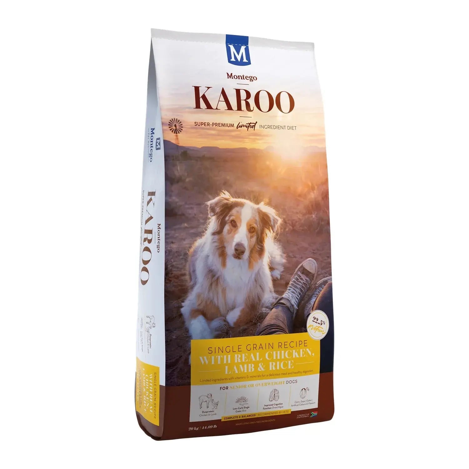 Montego Karoo Senior dry dog food 20kg bag with L-carnitine and DHA for ageing dogs.