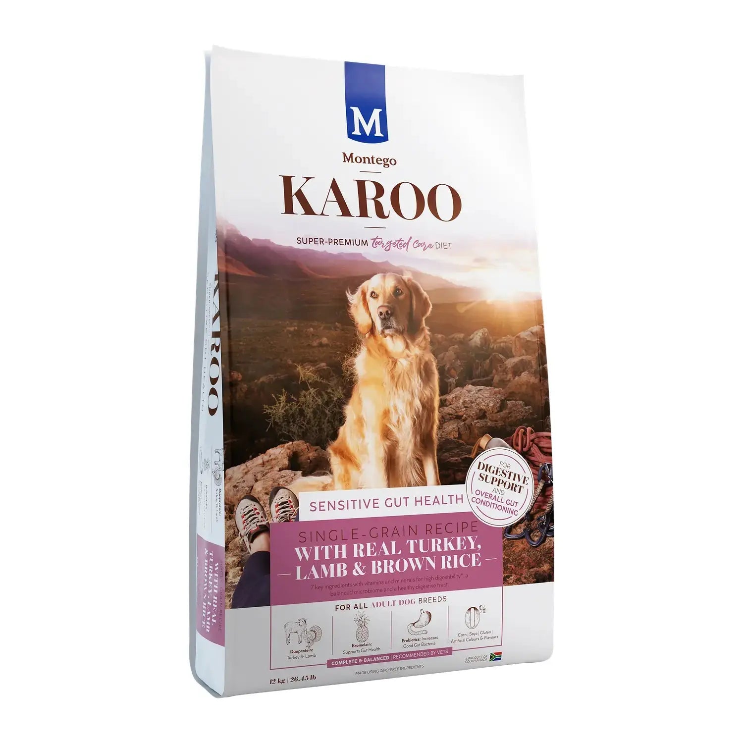Montego Karoo Sensitive Gut Health dry dog food 12kg bag with turkey, lamb and prebiotics.