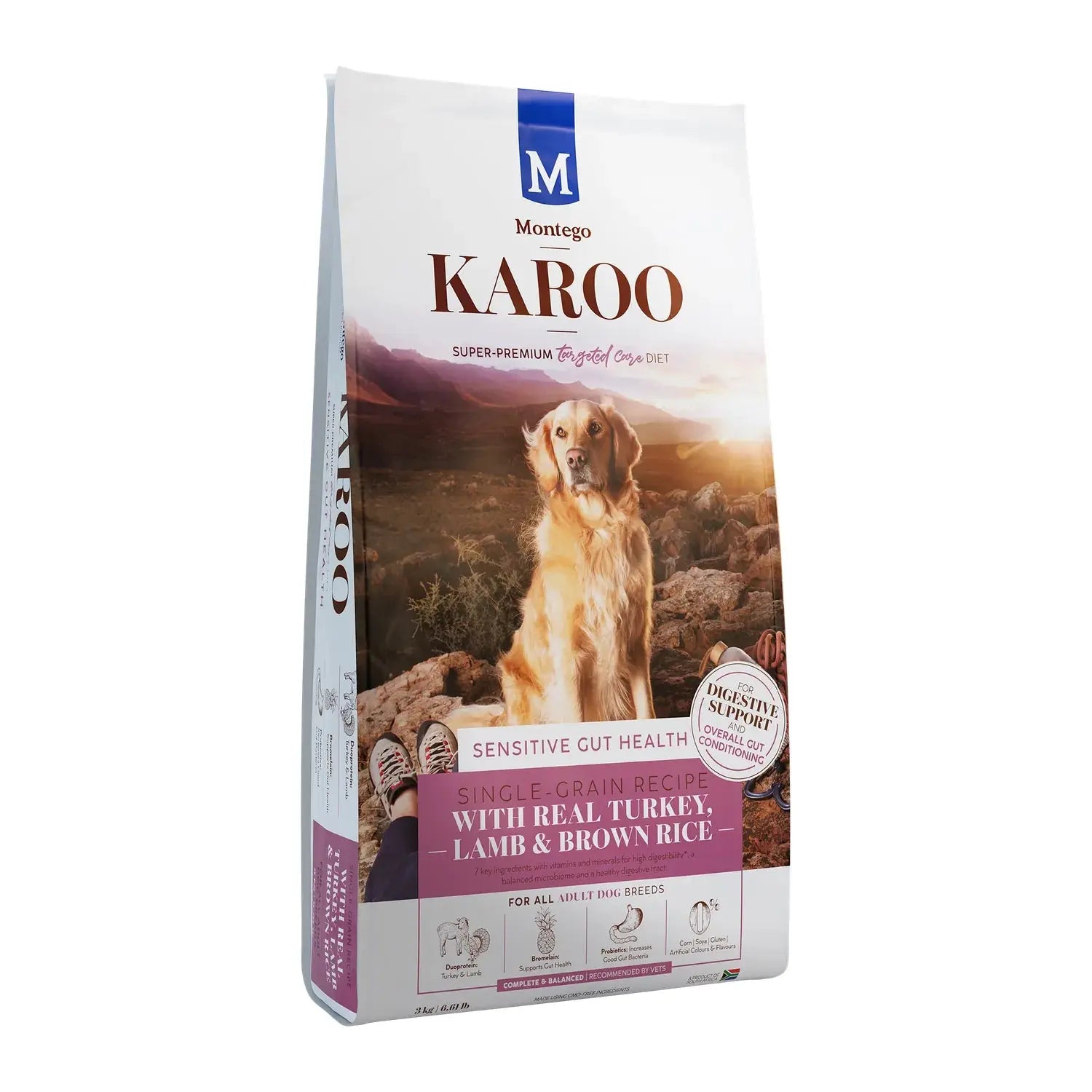 Montego Karoo Sensitive Gut Health Adult dry dog food 3kg bag with zeolite and prebiotics.