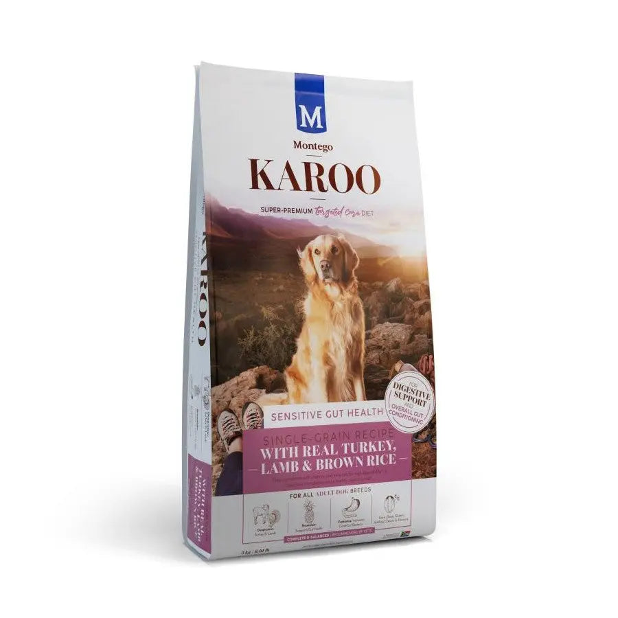 Montego Karoo dog food bag featuring real turkey, lamb, and brown rice for sensitive gut health.