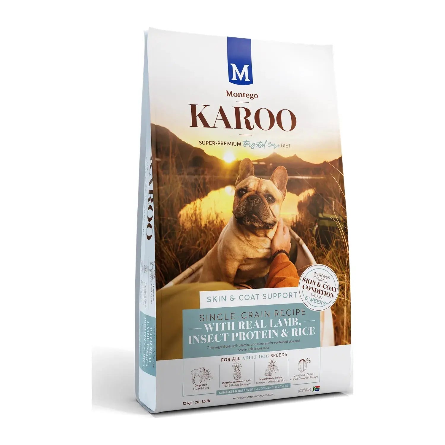 Montego Karoo Skin & Coat Support dry dog food 12kg bag with lamb, insect protein and quercetin.