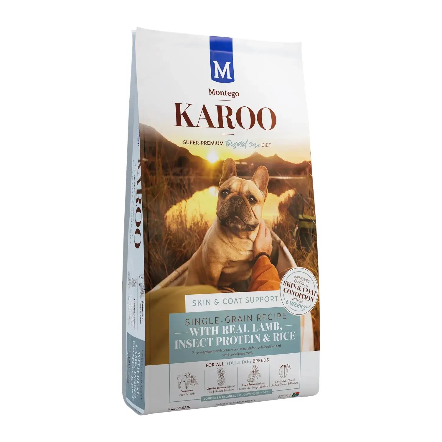 Montego Karoo Skin & Coat Adult dry dog food 3kg bag with quercetin and omega-3.
