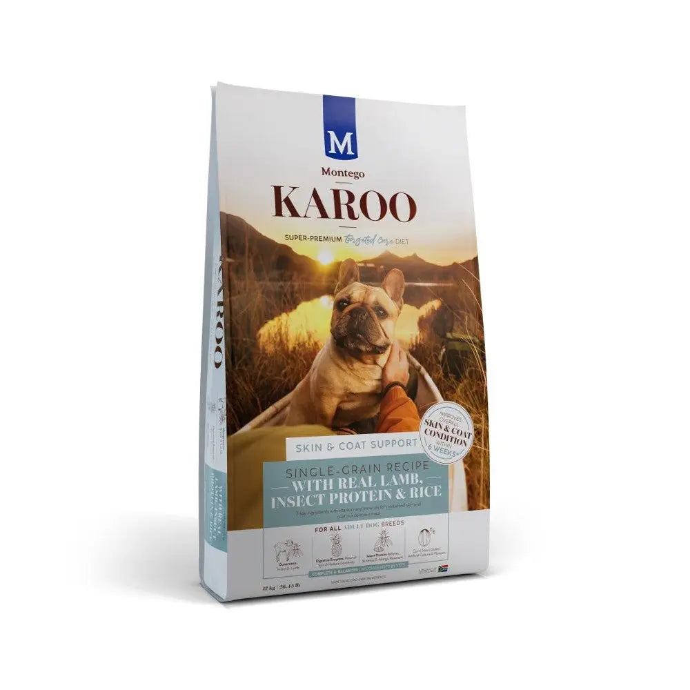 Montego Karoo dog food bag featuring real lamb, insect protein, and rice for skin and coat support.